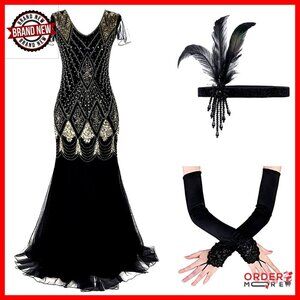 Vintage 1920s Sequin Flapper Dress Maxi Evening Cocktail Gatsby Party